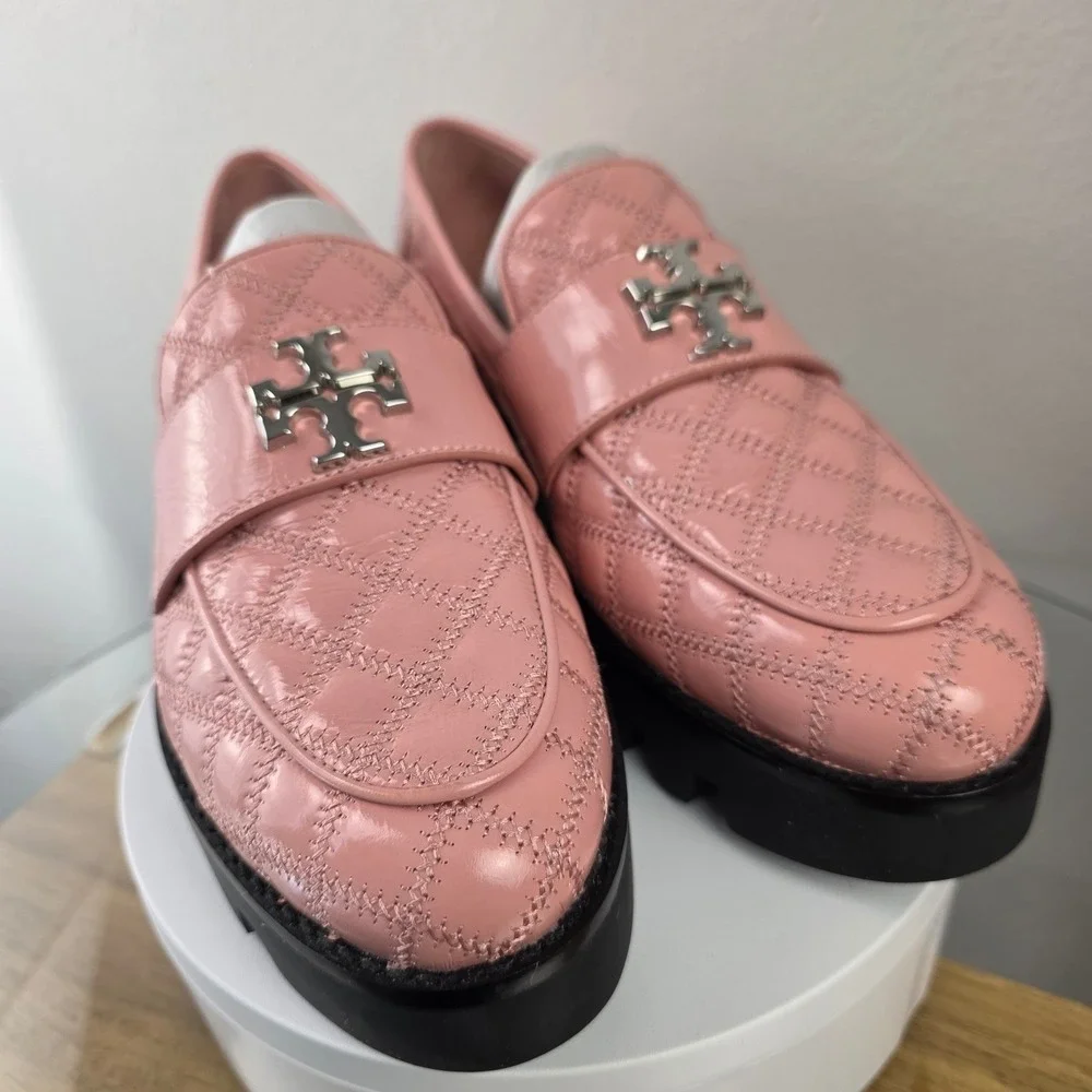 Tory Burch Mini Everly Chunky Leather Loafer 9M Pink Quilted Patent Lug Sole